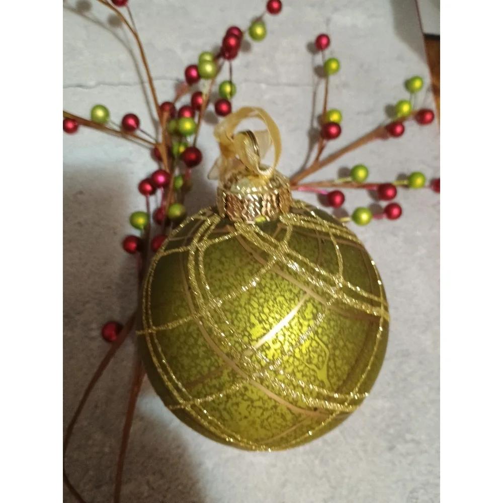 Frontgate Plaid Light Green‎ & Gold Round Glass Christmas Ornament Gold Glitter